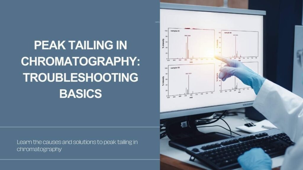 A hand pointing on a screen with chromatograms showing peak tailing