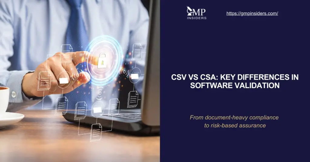 CSV vs CSA software validation differences – featured image showing a professional using a laptop with digital icons representing compliance, documentation, and data security.