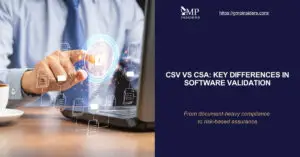 CSV vs CSA software validation differences – featured image showing a professional using a laptop with digital icons representing compliance, documentation, and data security.