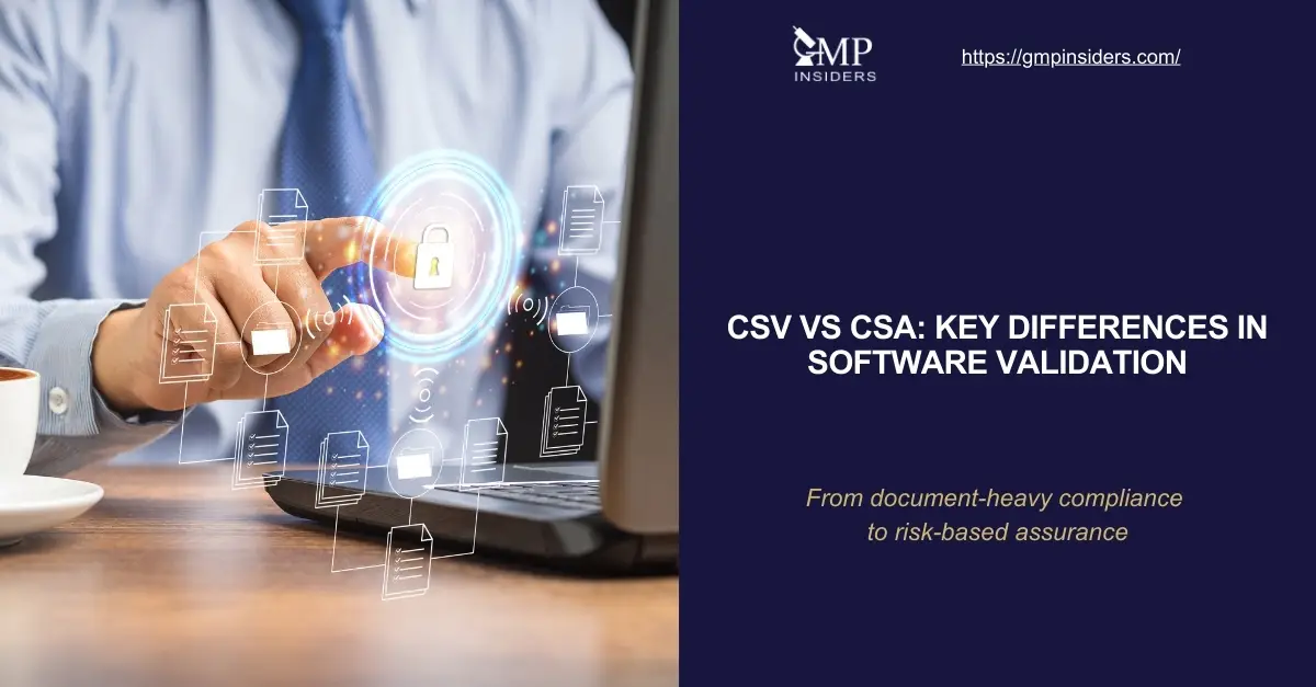 CSV vs CSA software validation differences – featured image showing a professional using a laptop with digital icons representing compliance, documentation, and data security.