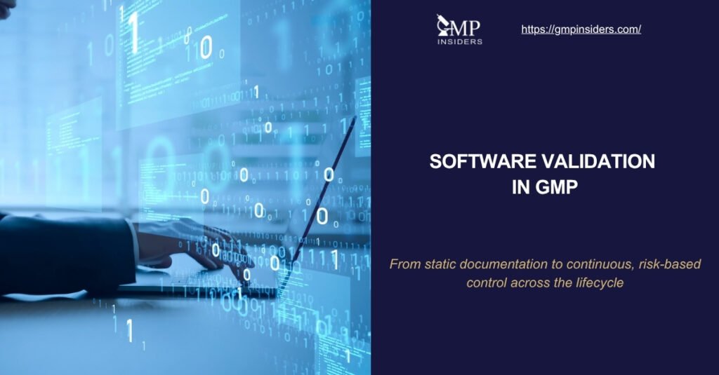 Software Validation in GMP featured image with digital binary code and compliance theme.