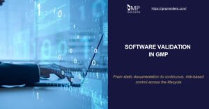 Software Validation in GMP featured image with digital binary code and compliance theme.