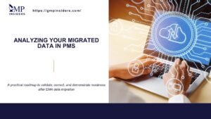 Analyzing migrated data in PMS featured image showing cloud data validation and migration process.