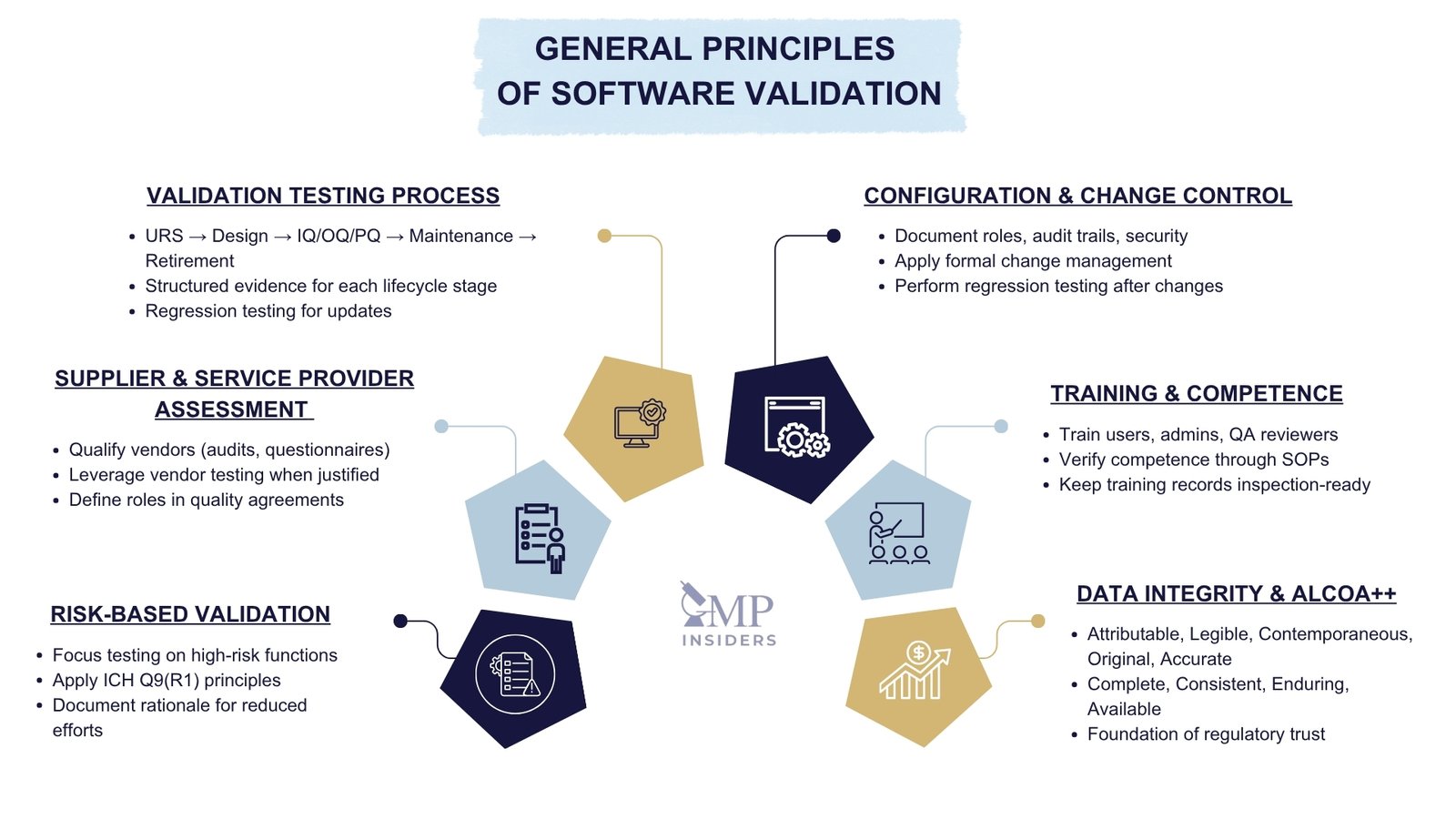General principles of software validation infographic showing testing, supplier assessment, risk-based validation, change control, training, and data integrity.