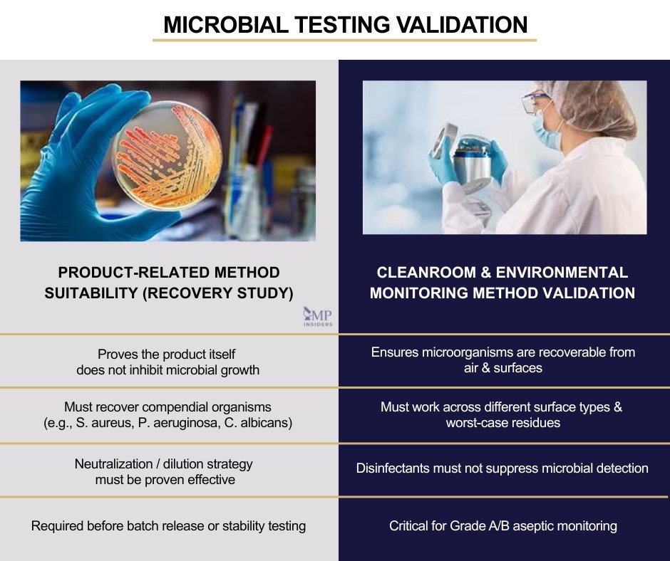 Qualification vs Validation: Key Differences in GMP | GMP Insiders Infographic showing microbial testing validation steps for product-related and environmental monitoring methods.