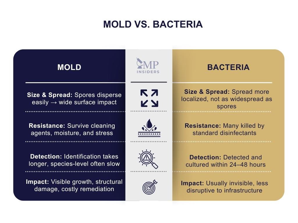 Mold vs. bacteria infographic comparing spread, resistance, detection speed, and structural impact.
