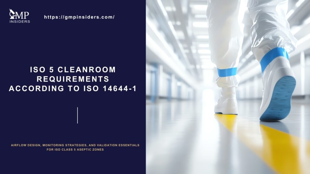 ISO 5 cleanroom requirements infographic showing airflow design, monitoring strategies, and validation elements according to ISO 14644-1.