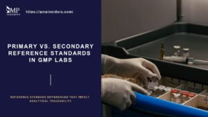 Featured image for primary vs secondary reference standards in GMP labs showing laboratory handling of reference materials.