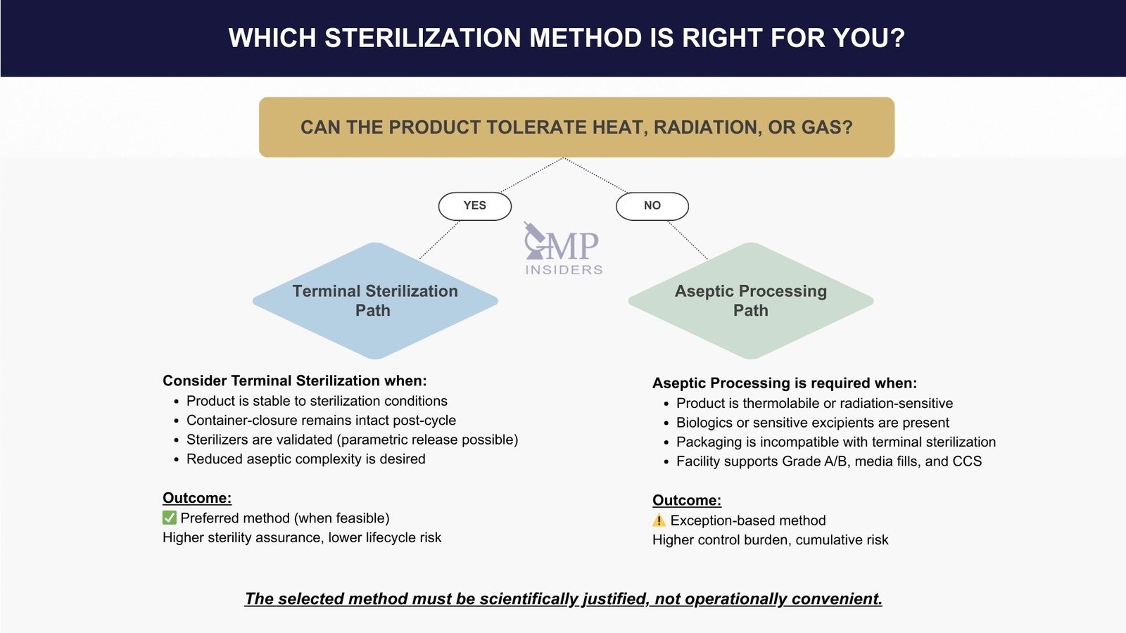 Terminal Sterilization vs Aseptic Processing: Key Differences | GMP Insiders Decision tree comparing terminal sterilization and aseptic processing based on product tolerance to heat, radiation, and gas.