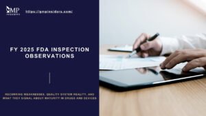 FY 2025 FDA inspection observations visual – quality audit and compliance review with executive hands analyzing reports and regulatory data.
