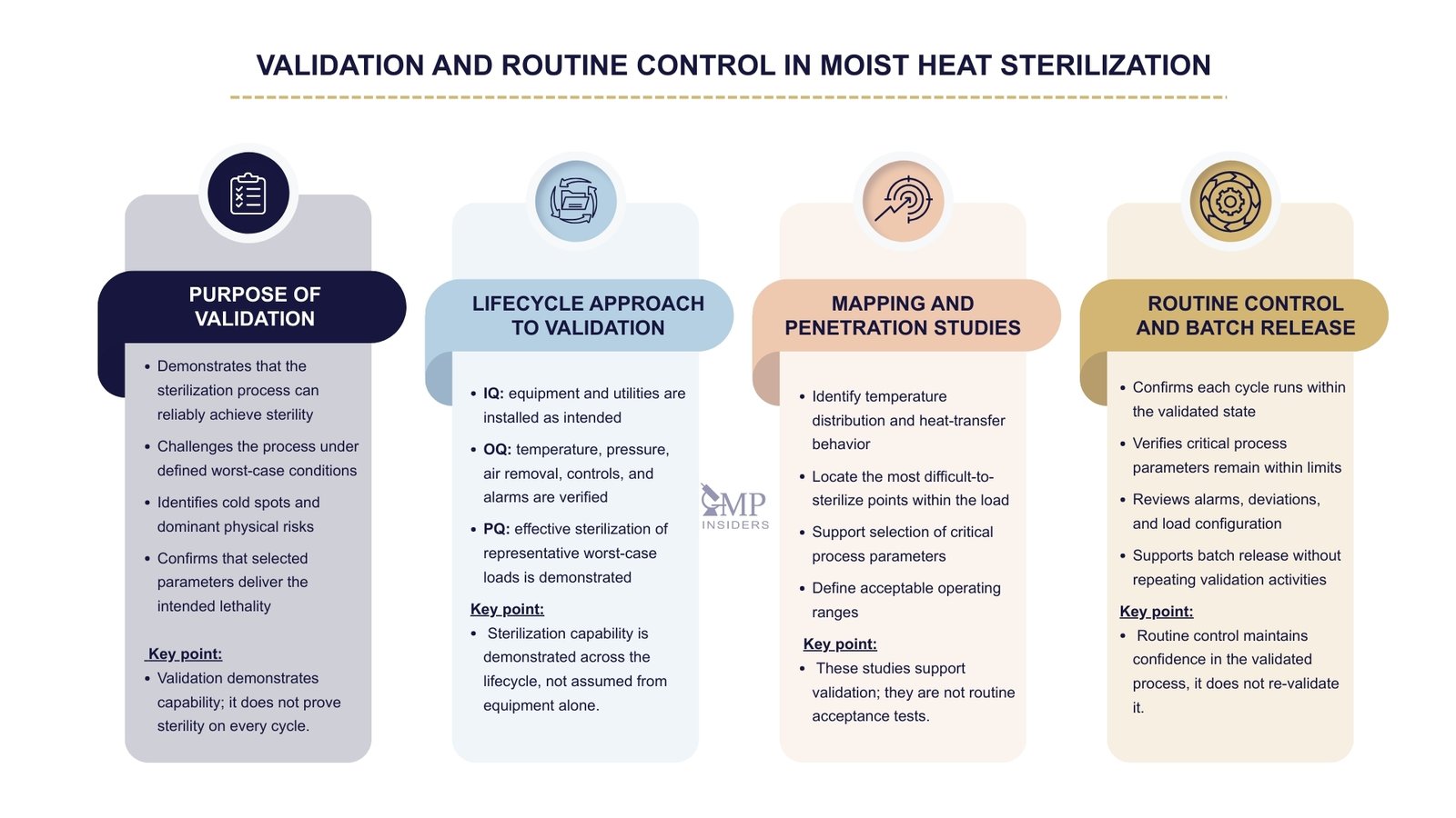 Validation and routine control activities for moist heat sterilization including IQ, OQ, PQ, mapping studies, and batch release.