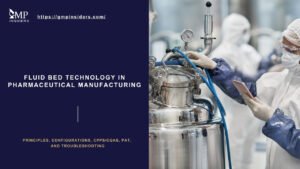 Fluid bed technology in pharmaceutical manufacturing showing operator monitoring stainless steel processing equipment in a GMP environment.