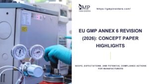 EU GMP Annex 6 revision 2026 concept paper highlights cover image showing medicinal gas cylinder valve and pressure gauges being handled in a controlled manufacturing setting.