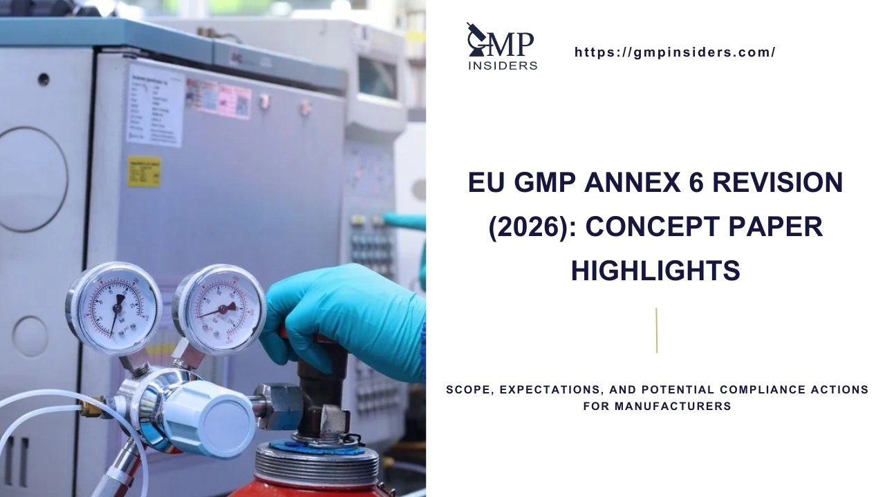 EU GMP Annex 6 revision 2026 concept paper highlights cover image showing medicinal gas cylinder valve and pressure gauges being handled in a controlled manufacturing setting.