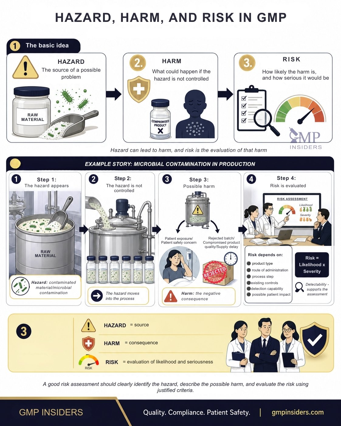 Infographic explaining the difference between hazard, harm, and risk in GMP using a microbial contamination example from pharmaceutical manufacturing.
