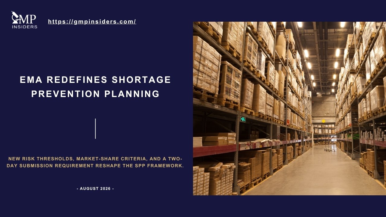 Featured image for a GMP Insiders news article on EMA’s revised Shortage Prevention Plan framework, showing a pharmaceutical supply warehouse with stocked pallets. The update introduces new risk thresholds, market-share criteria, and a two-day SPP submission requirement.