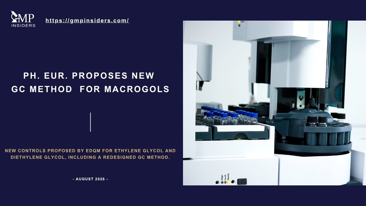 eatured image for a GMP Insiders news article on the proposed Ph. Eur. GC method for macrogols, showing gas chromatography laboratory equipment. The EDQM proposal introduces a redesigned GC procedure and new controls for ethylene glycol and diethylene glycol in Macrogols (1444).
